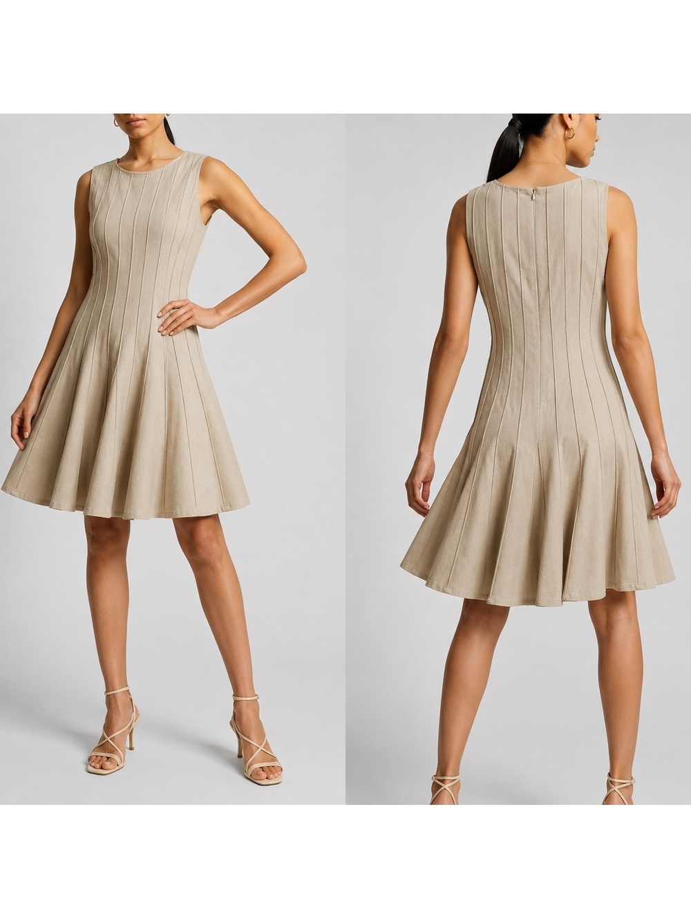 Vintage 90s Calvin Klein Linen Blend Fit Flare Midi Dress Beige 8